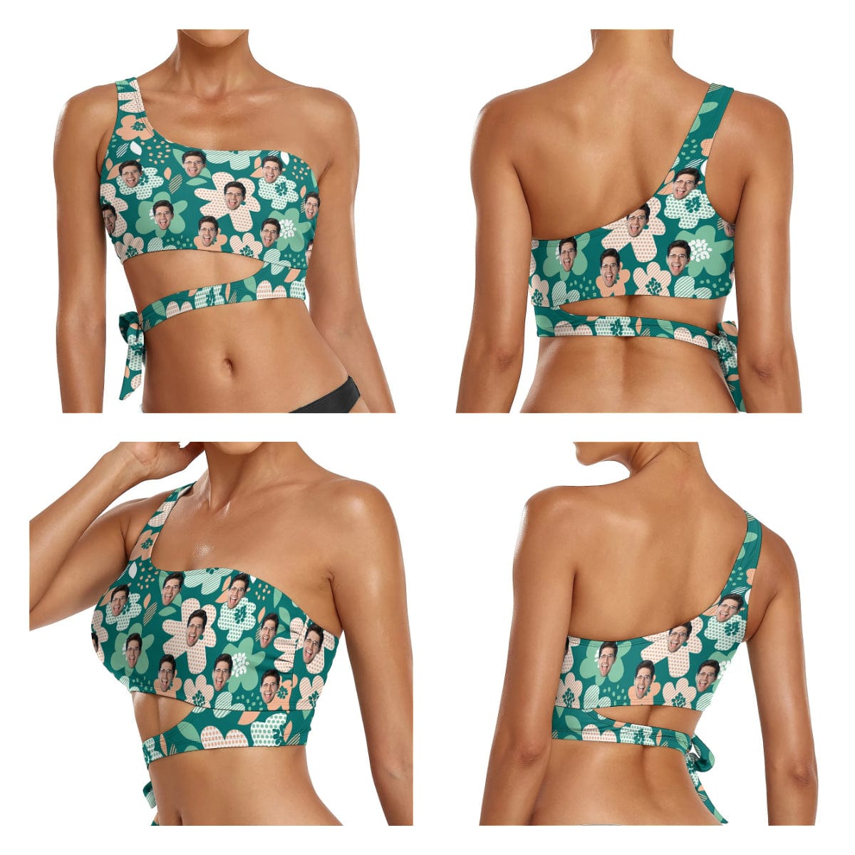 Custom Custom Face Green Flowers Bikini Top&Bottom One Shoulder Bikini Top Split Bikini - YesCustom