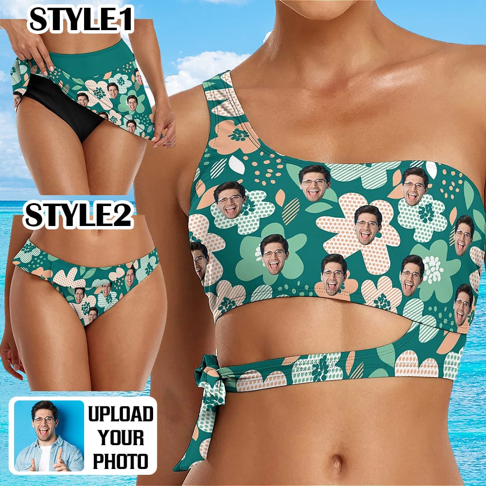 Custom Custom Face Green Flowers Bikini Top&Bottom One Shoulder Bikini Top Split Bikini - YesCustom