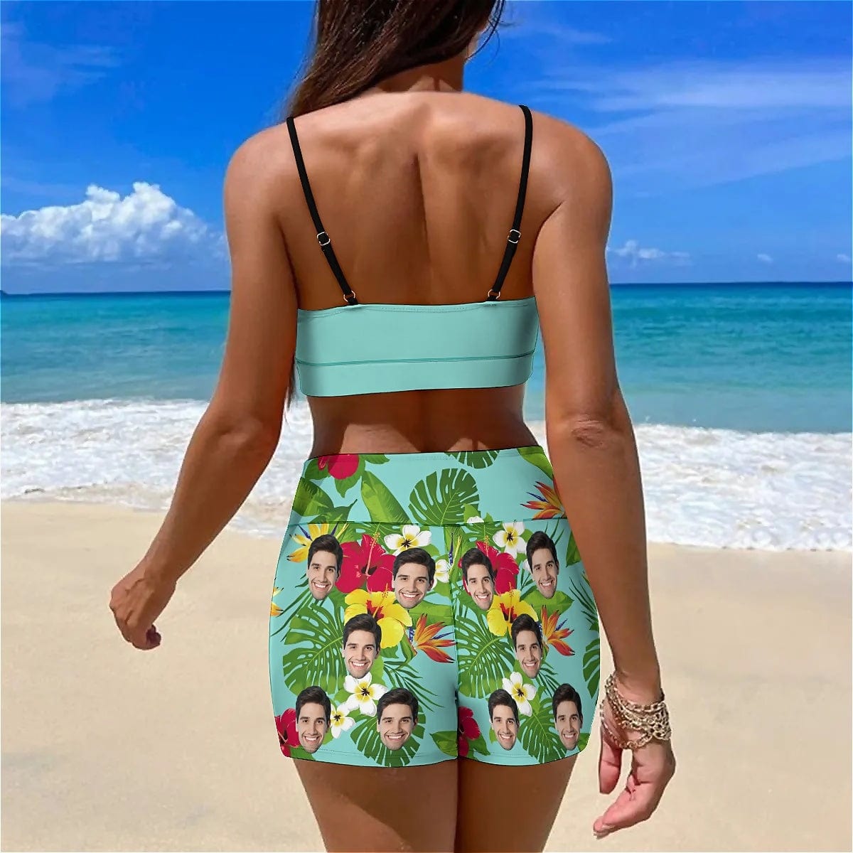 Custom Custom Face Green Flowers Boyshorts Bikini Set Personalized High Waisted Sling Bikini Bathing Suit - YesCustom