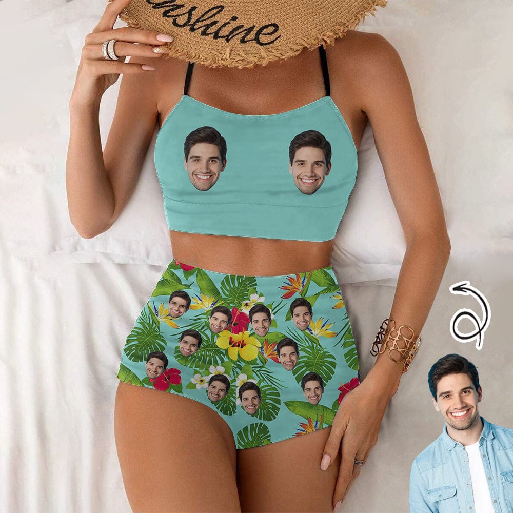 Custom Custom Face Green Flowers Boyshorts Bikini Set Personalized High Waisted Sling Bikini Bathing Suit - YesCustom
