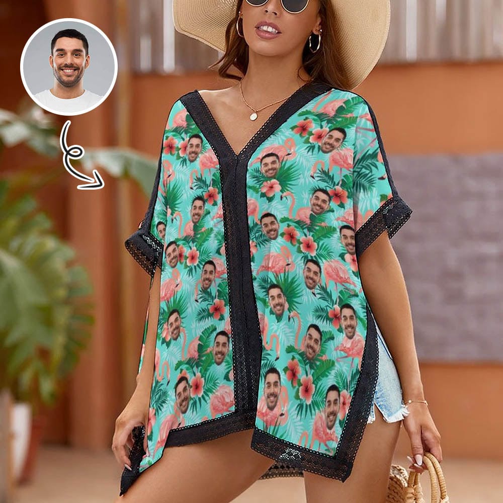 Custom Custom Face Green Flowers Flamingo Women's Bikini Swimsuit Cover Up - YesCustom