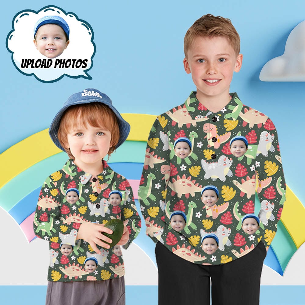 Custom Custom Face Green Jurassic Dinosaur Boys' Long Sleeve Polo Shirt - YesCustom