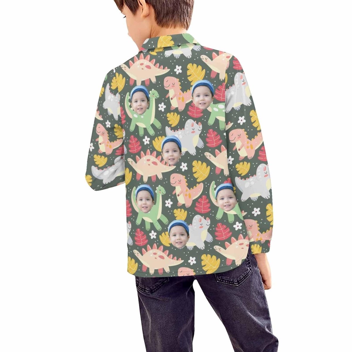 Custom Custom Face Green Jurassic Dinosaur Boys' Long Sleeve Polo Shirt - YesCustom