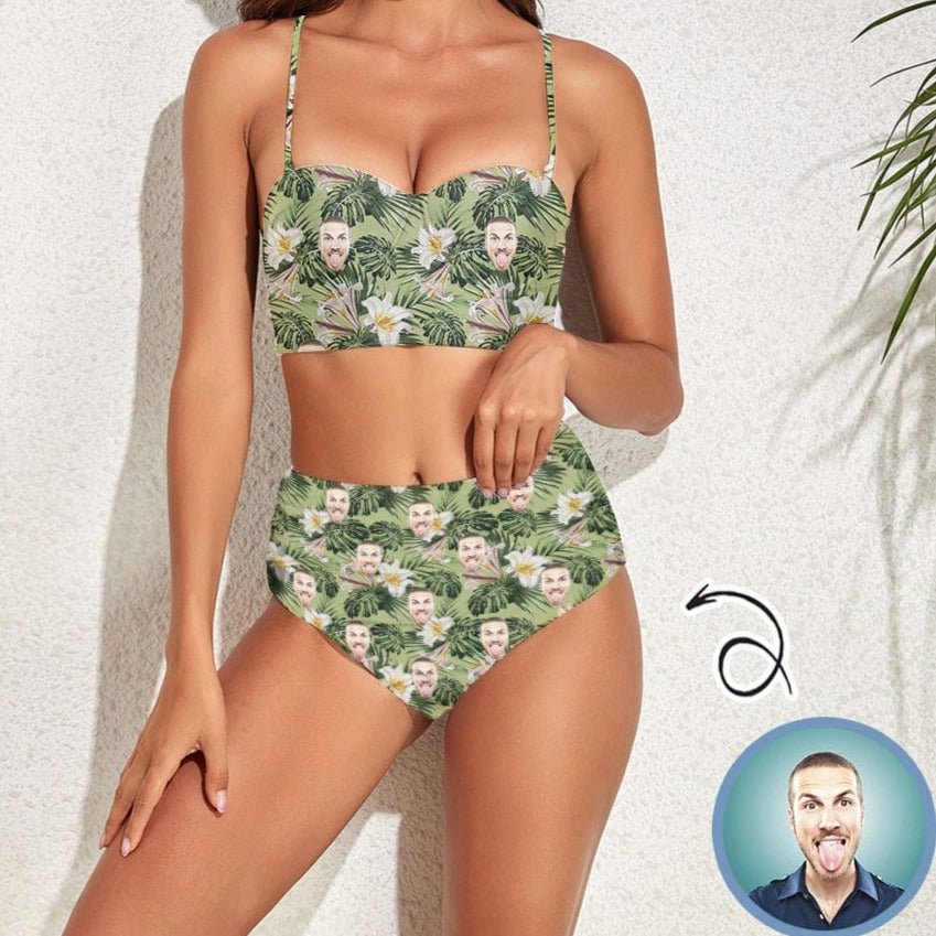 Custom Custom Face Green Leaf And Flowers High Waist Bikini Personalized Two-piece Swimsuit - YesCustom