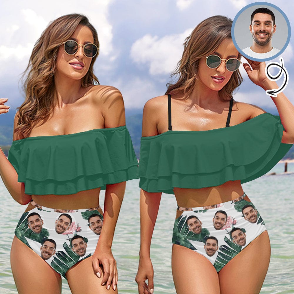 Custom Custom Face Green Leaf Women's Two-Piece Off Shoulder or Sling 2 Ways to Wear Ruffle High Waisted Bikini Set - YesCustom