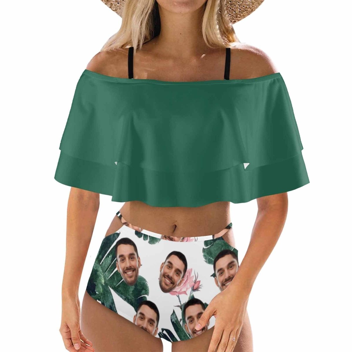 Custom Custom Face Green Leaf Women's Two-Piece Off Shoulder or Sling 2 Ways to Wear Ruffle High Waisted Bikini Set - YesCustom