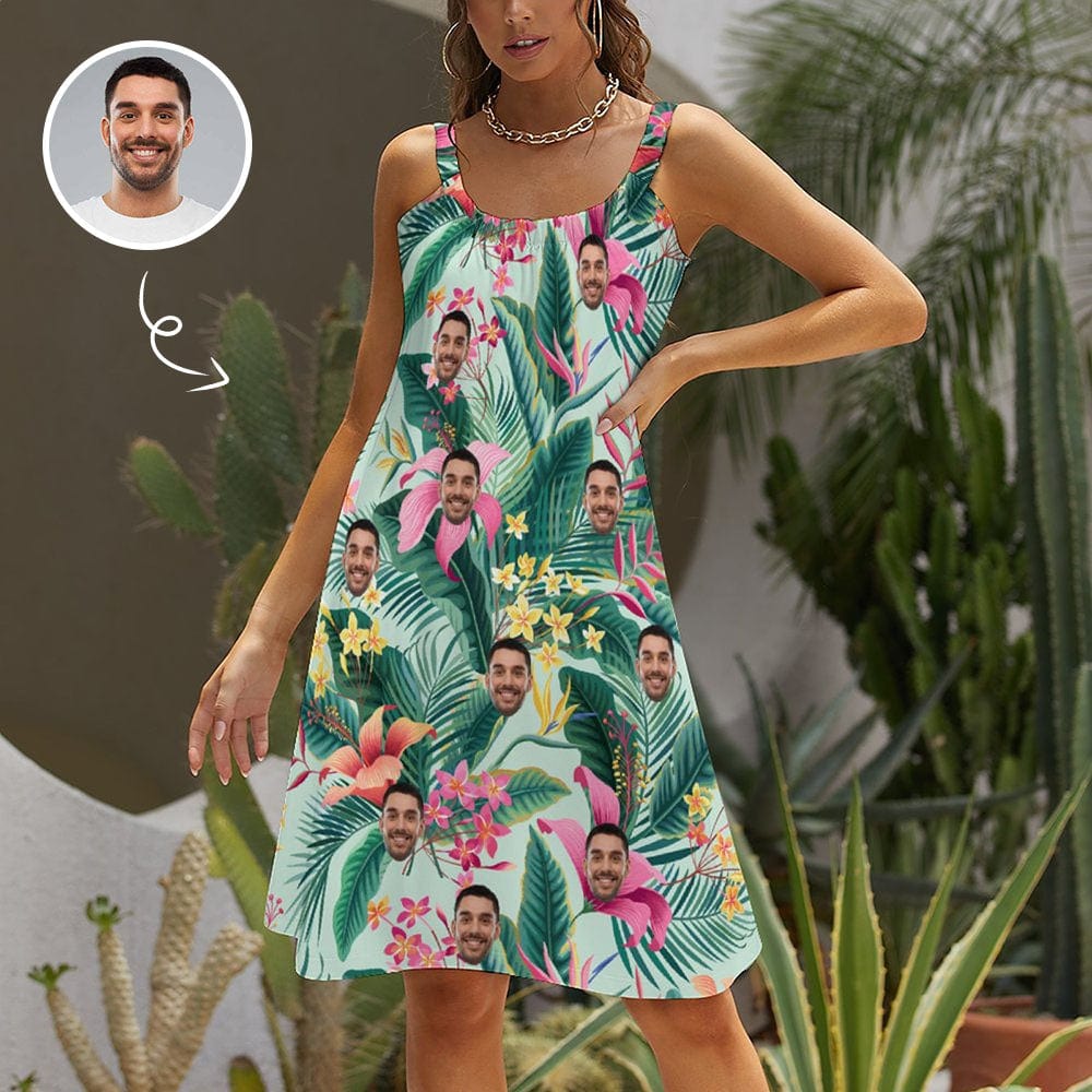 Custom Custom Face Green Leaves Beach Sling Skirt Personalized Women's Dress - YesCustom