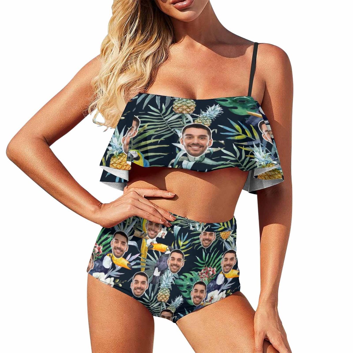 Custom Custom Face Green Leaves Couple Matching Swimsuit Print Women's Bathing Suit Design Men's Swim Shorts for Vacation - YesCustom