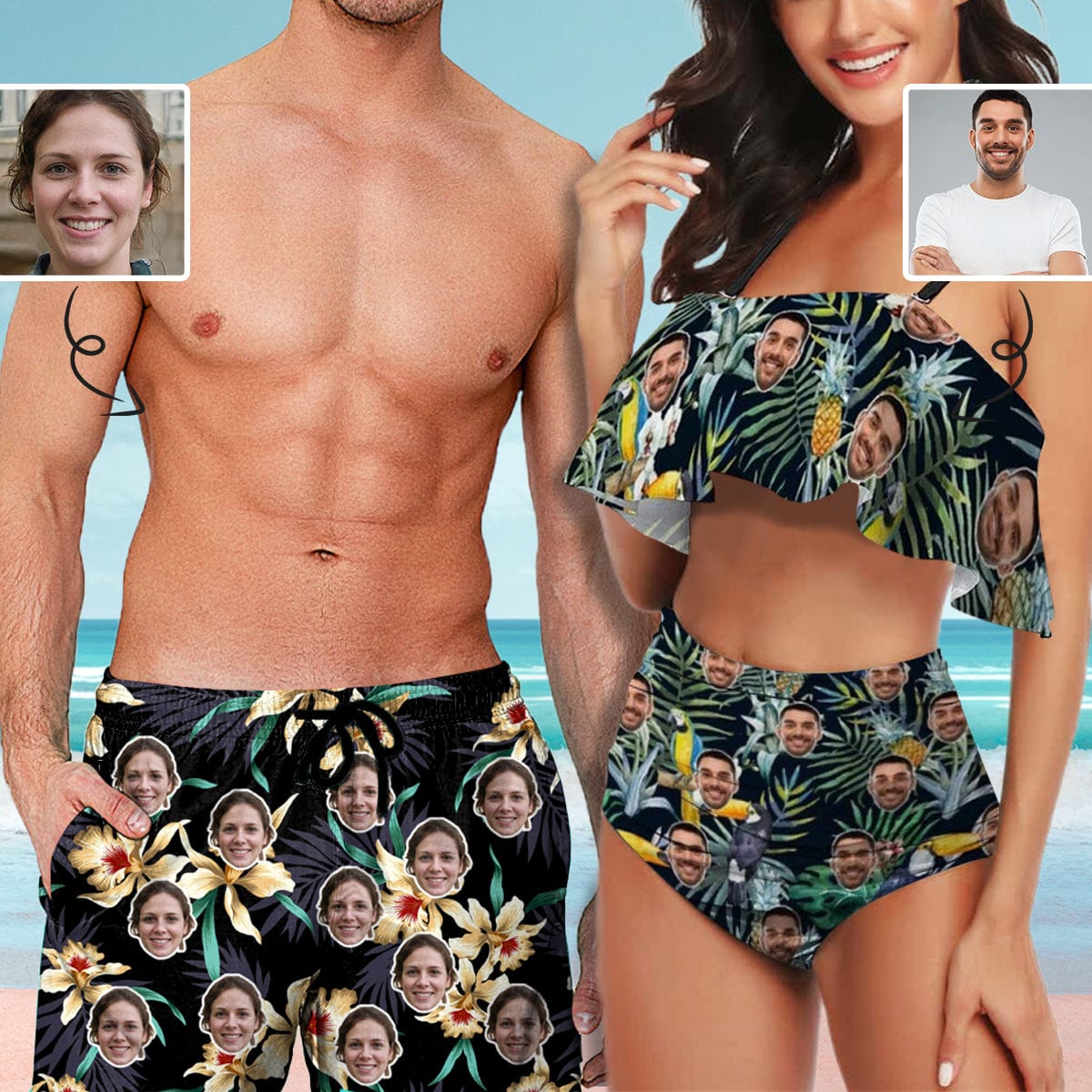 Custom Custom Face Green Leaves Couple Matching Swimsuit Print Women's Bathing Suit Design Men's Swim Shorts for Vacation - YesCustom