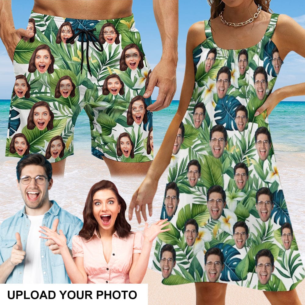 Custom Custom Face Green Leaves Couple Swim Shorts&Dress Men's Swim Trunks Women's Beach Sling Skirt - YesCustom