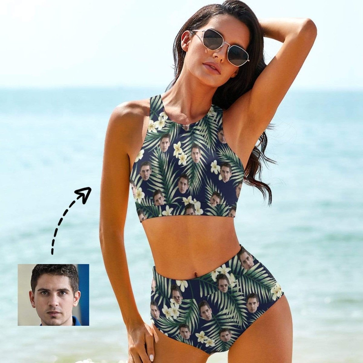 Custom Custom Face Green Leaves High Crew Neck High Waisted Bikini Personalized Women's Two Piece Swimsuit Beach Outfits - YesCustom
