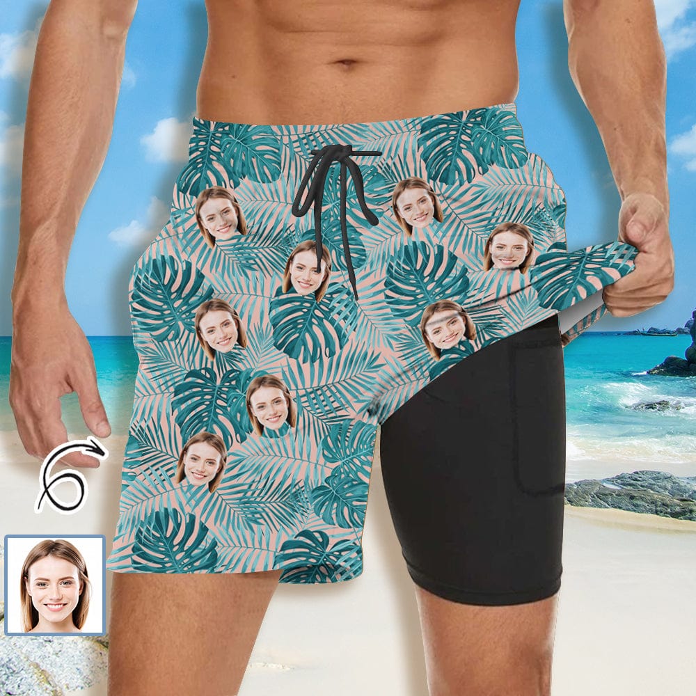 Custom Custom Face Green Leaves Men's Quick Dry 2 in 1 Surfing & Beach Shorts Male Gym Fitness Shorts - YesCustom