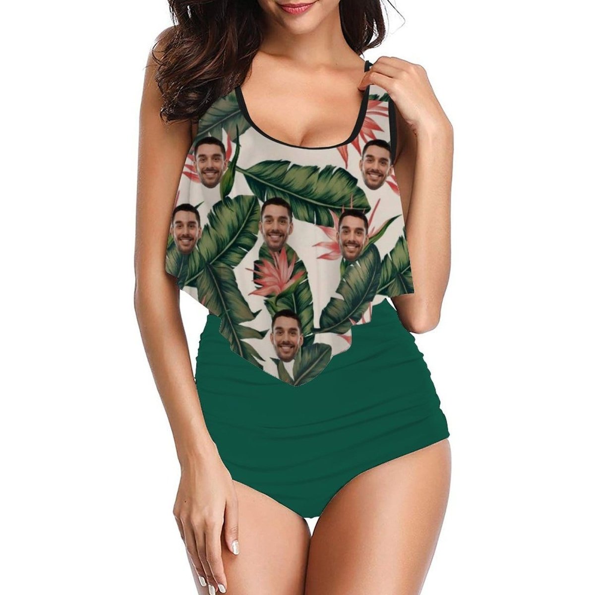 Custom Custom Face Green Leaves Ruffle Tankini Personalized Bathing Suit Women's Two Piece High Waisted Bikini Swimsuit Summer Beach Pool Outfits - YesCustom