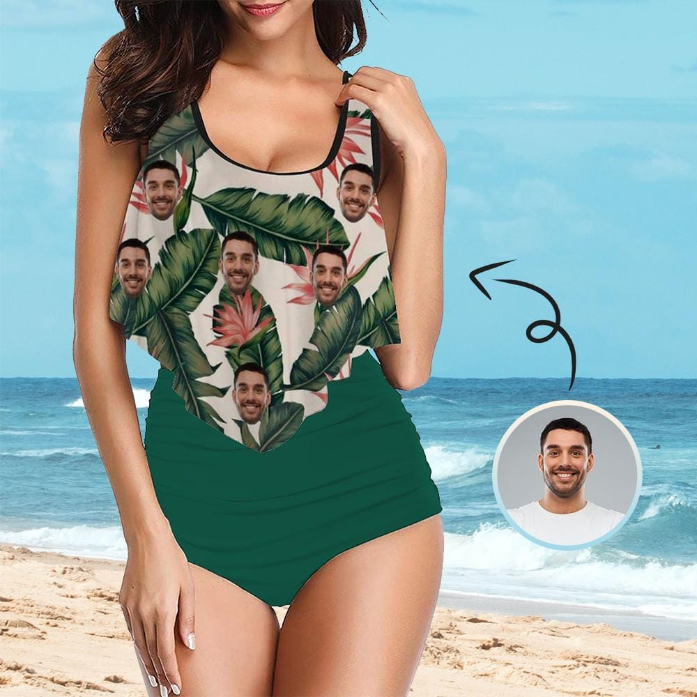 Custom Custom Face Green Leaves Ruffle Tankini Personalized Bathing Suit Women's Two Piece High Waisted Bikini Swimsuit Summer Beach Pool Outfits - YesCustom