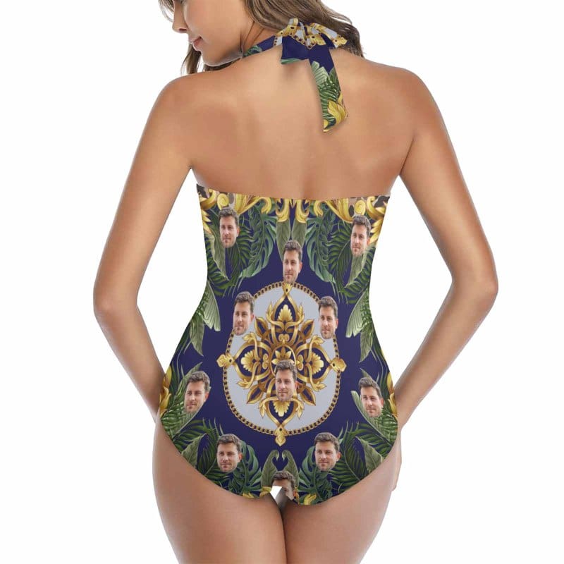 Custom Custom Face Green Leaves Strap Personalized One-piece Retro Bikini Swimsuit & Beach Wrap Set Custom One Piece Bathing Suits - YesCustom