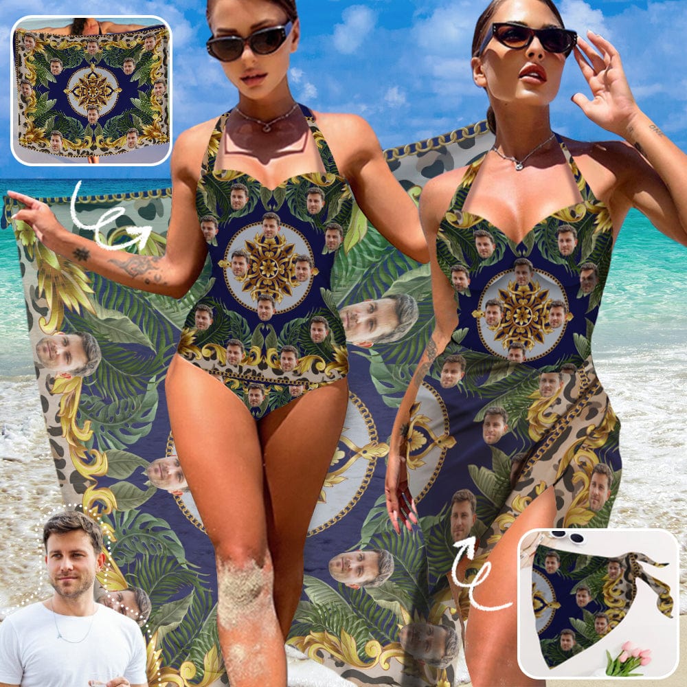 Custom Custom Face Green Leaves Strap Personalized One-piece Retro Bikini Swimsuit & Beach Wrap Set Custom One Piece Bathing Suits - YesCustom