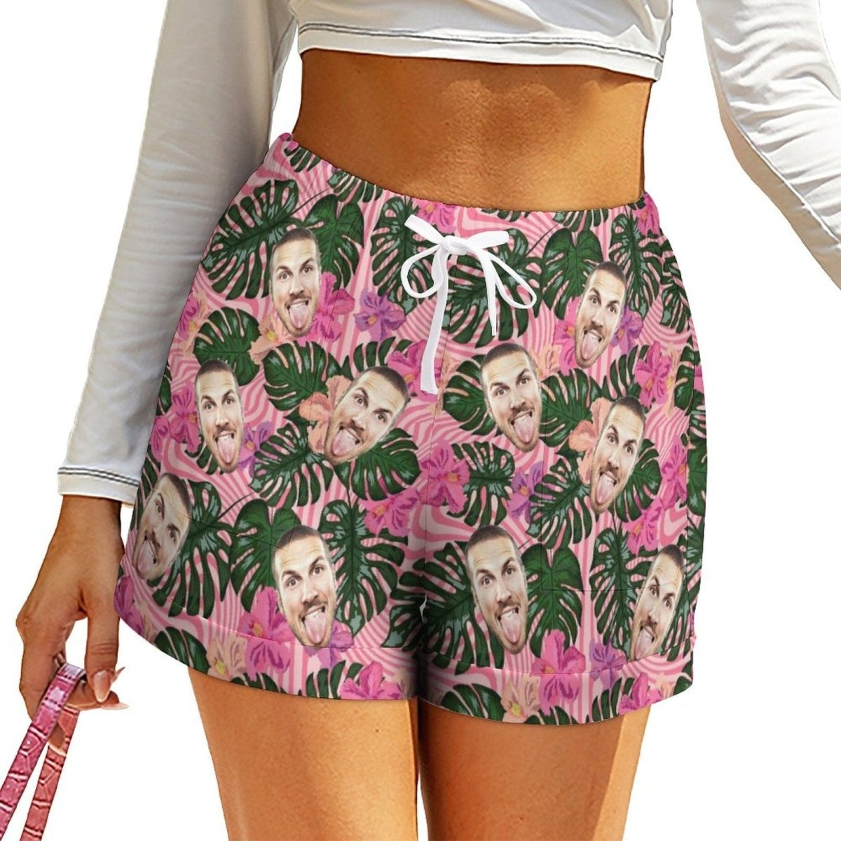 Custom Custom Face Green Leaves Women High Waist Shorts Hot Short Pants Casual Loose Shorts Beachwear for Women Fitness Running Trousers - YesCustom
