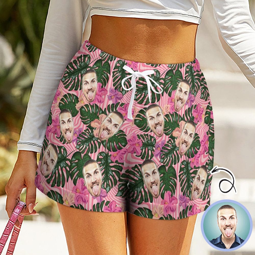 Custom Custom Face Green Leaves Women High Waist Shorts Hot Short Pants Casual Loose Shorts Beachwear for Women Fitness Running Trousers - YesCustom