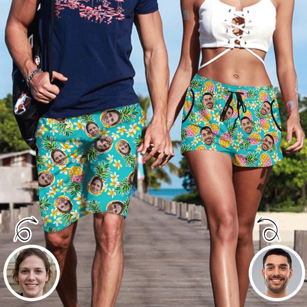 Custom Custom Face Green Pineapple Couple Matching Beach Shorts Personalized Men's Elastic Beach Shorts&Women's Mid-Length Board Shorts Swim Trunks - YesCustom