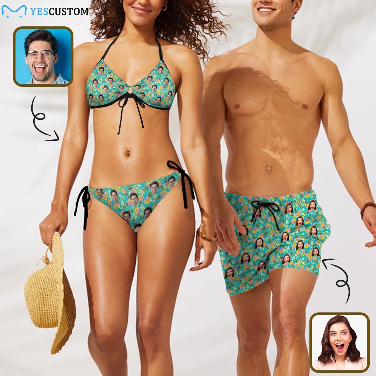 Custom Custom Face Green Pineapple Couple Matching Swimsuit Women's Two-Piece Triangle Bikini Bathing Suit Men's Swim Shorts - YesCustom