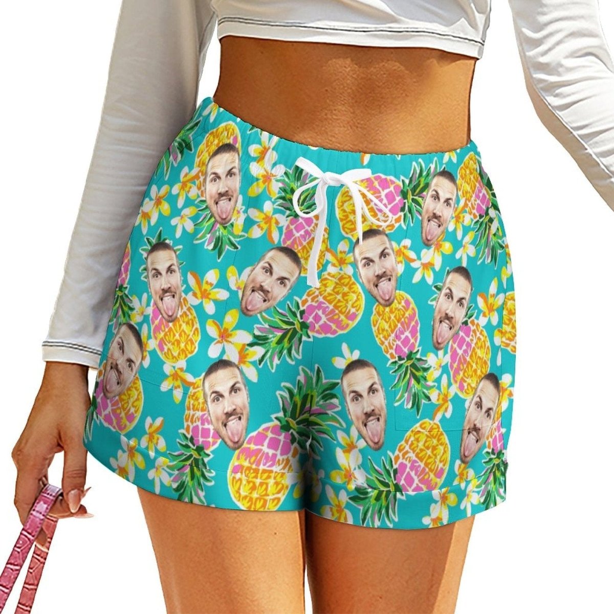 Custom Custom Face Green Pineapple Women High Waist Shorts Hot Short Pants Casual Loose Shorts Beachwear for Women Fitness Running Trousers - YesCustom