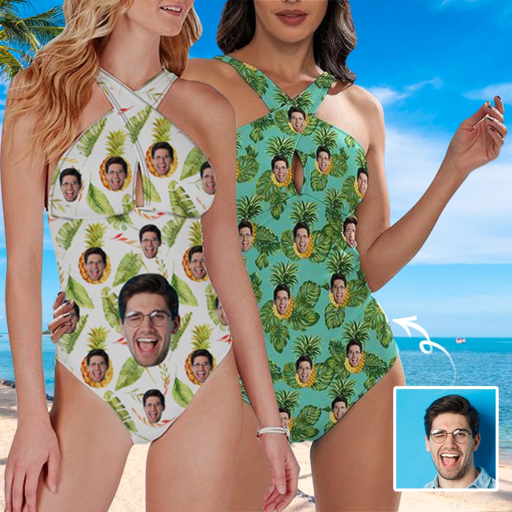 Custom Custom Face Green Pineapple Women's Tummy Control Front Cross Backless Swimsuit Bathing Suit Cross Collar One Piece Swimsuit - YesCustom