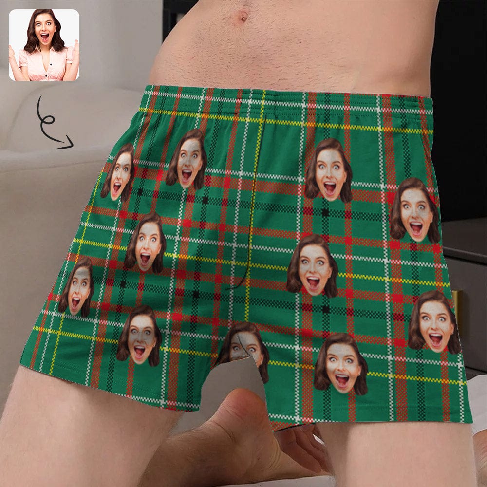 Custom Custom Face Green Plaid Boxer Shorts Pure Cotton Shorts for Men - YesCustom