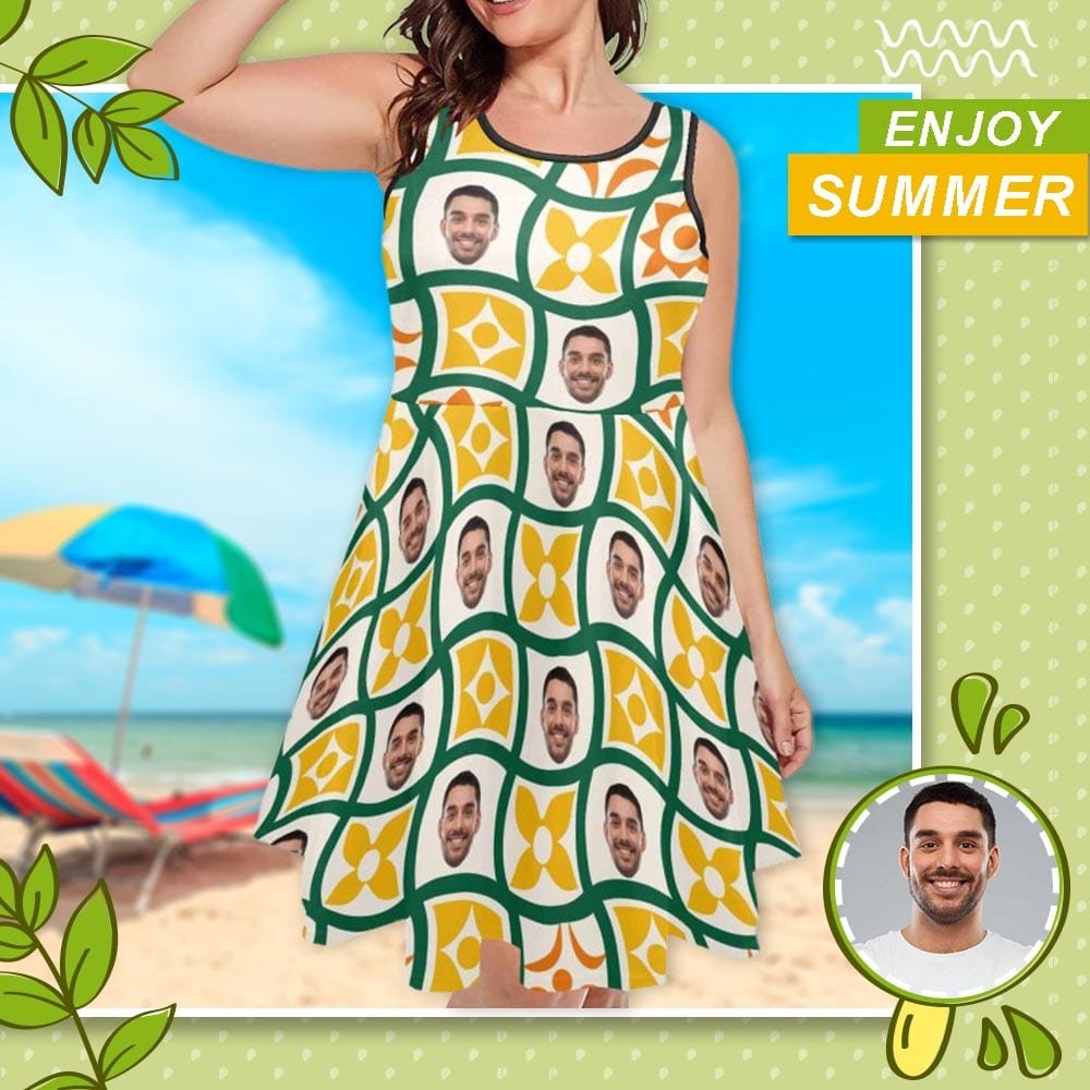 Custom Custom Face Green Plaid Yellow Flowers Sleeveless Expansion Dress for Women - YesCustom
