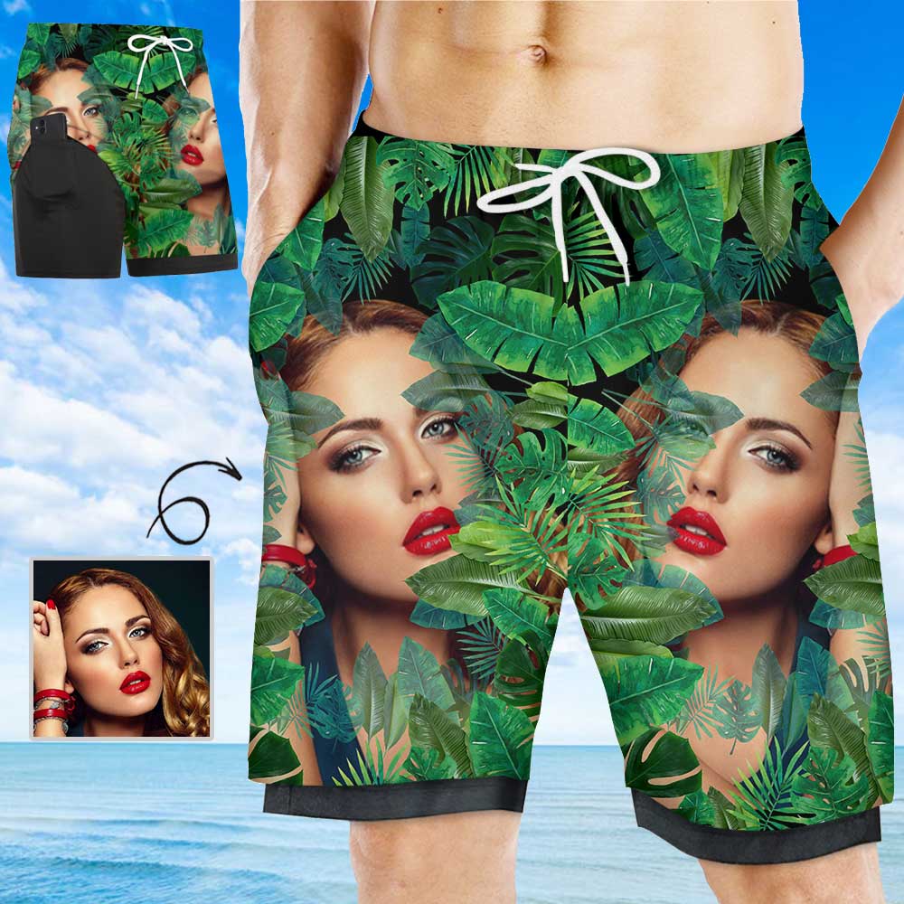 Custom Custom Face Green Plants Men's Quick Dry 2 in 1 Surfing & Beach Shorts Male Gym Fitness Shorts - YesCustom