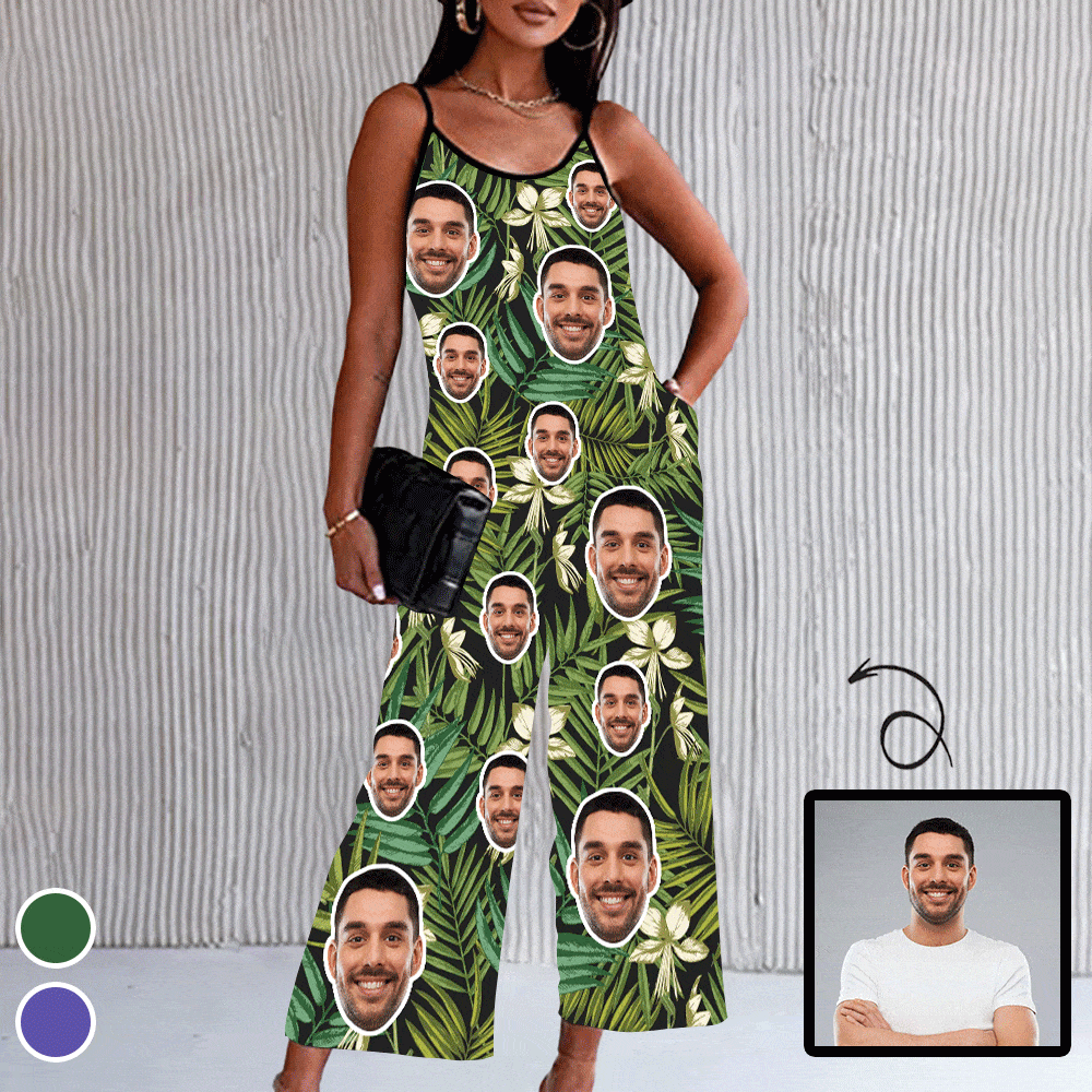 Custom Custom Face Green Purple Leaves Women's Summer Casual Spaghetti Strap V Neck Oversized Wide Leg Jumpsuit Pockets Beach Travel Outfits - YesCustom