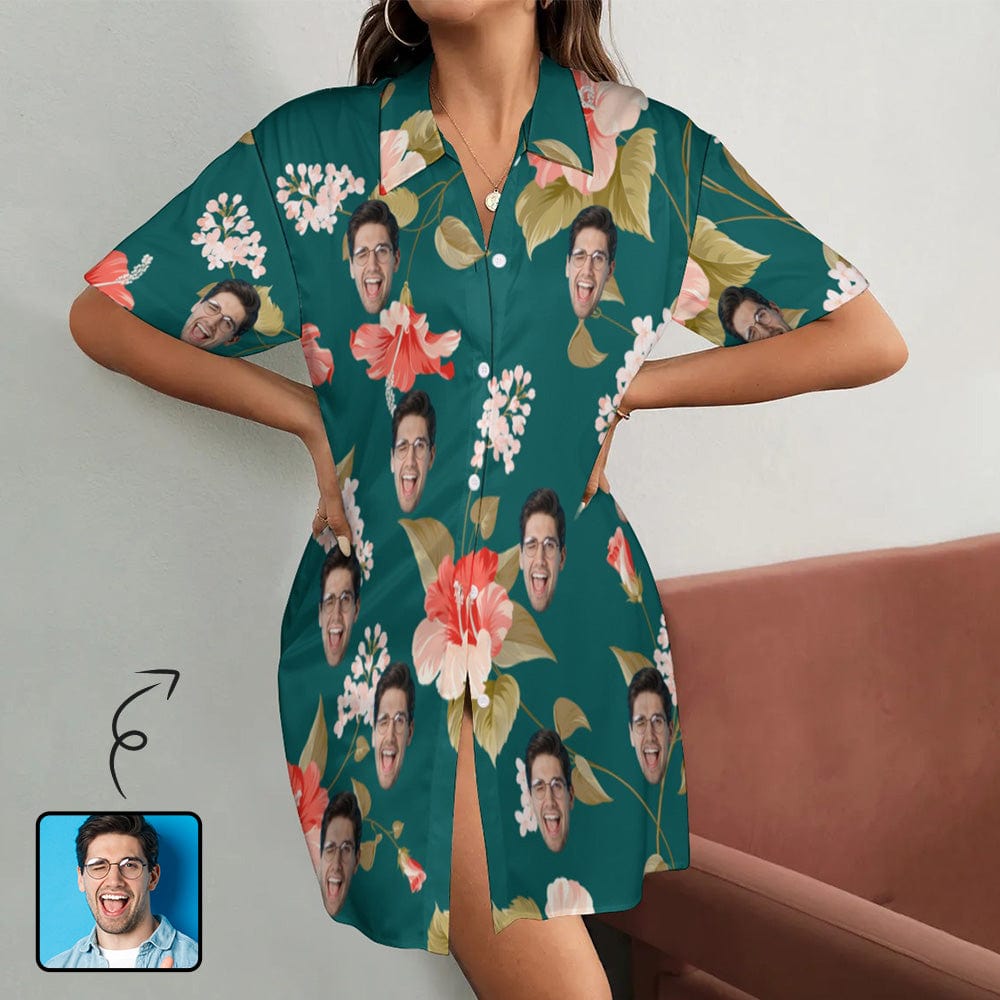 Custom Custom Face Green Satin Nightgown For Women Silk Nightshirt Button Down Pajamas Dress Boyfriend Sleepshirt S-3XL - YesCustom