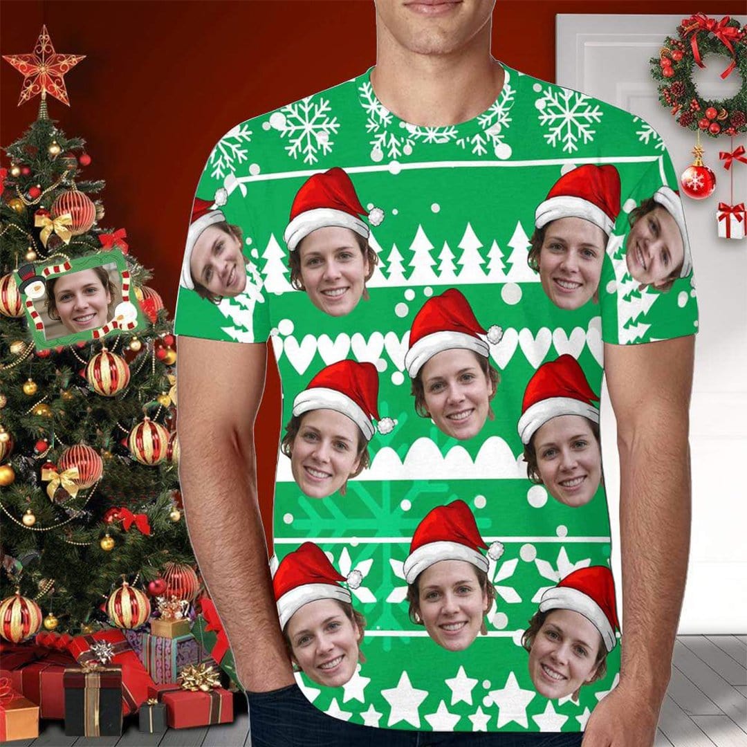 Custom Custom Face Green Shirts Put Your Face on Men's All Over Print T-shirt Christmas Gift - YesCustom