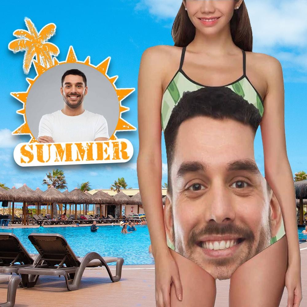 Custom Custom Face Green Swimsuit Personalized Women's Slip One Piece Bathing Suit Honeymoons Party - YesCustom