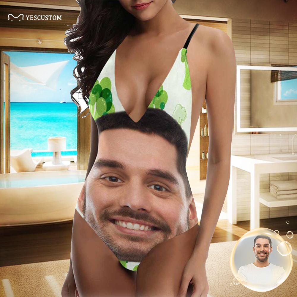Custom Custom Face Green Women's Lacing Backless One-Piece Swimsuit - YesCustom