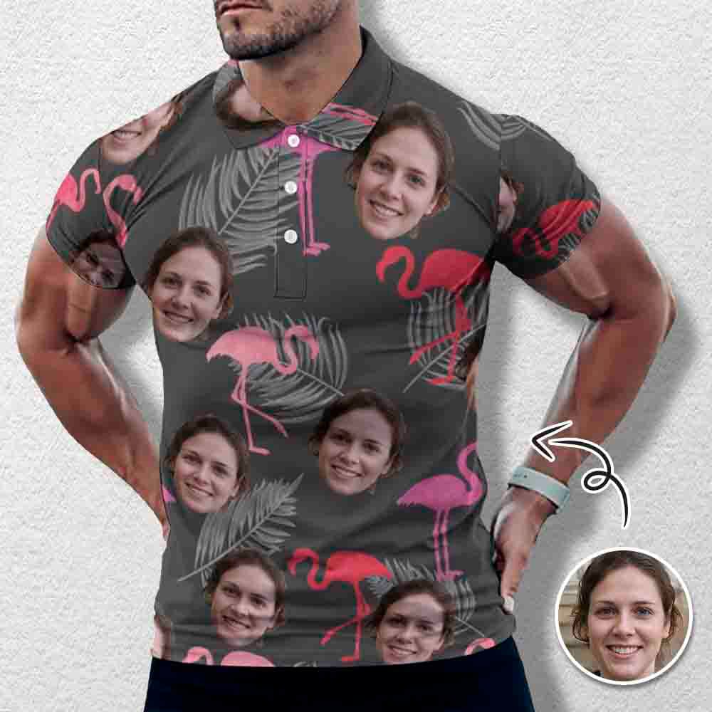 Custom Custom Face Grey Flamingo All Over Print Polo Shirt Personalized Men's Golf Shirt - YesCustom