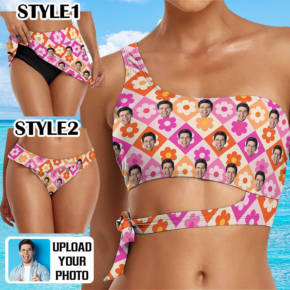 Custom Custom Face Grid Flowers Bikini Top&Bottom One Shoulder Bikini Top Split Bikini - YesCustom