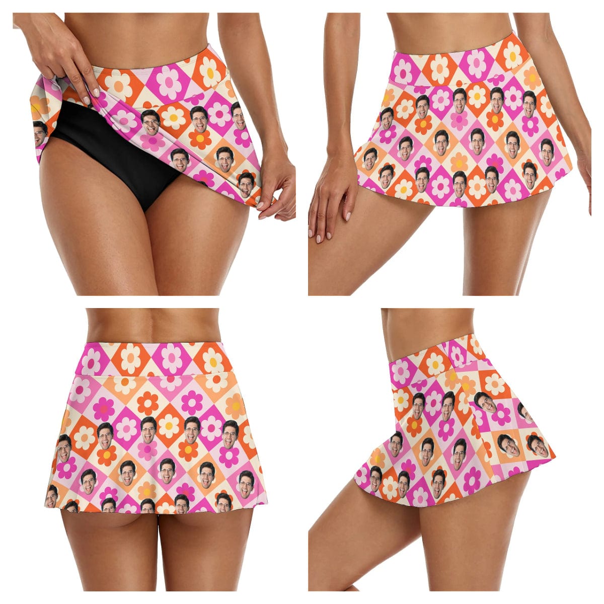 Custom Custom Face Grid Flowers Bikini Top&Bottom One Shoulder Bikini Top Split Bikini - YesCustom