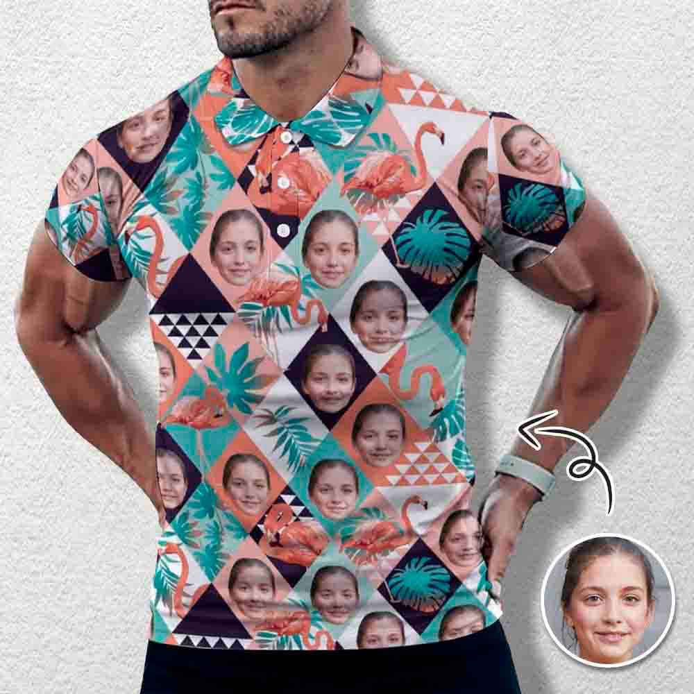 Custom Custom Face Grid Orange Flamingo All Over Print Polo Shirt Personalized Men's Golf Shirt - YesCustom