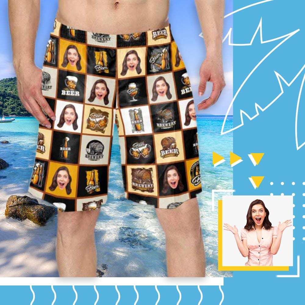 Custom Custom Face Grid Personalized Photo Men's Elastic Beach Shorts - YesCustom