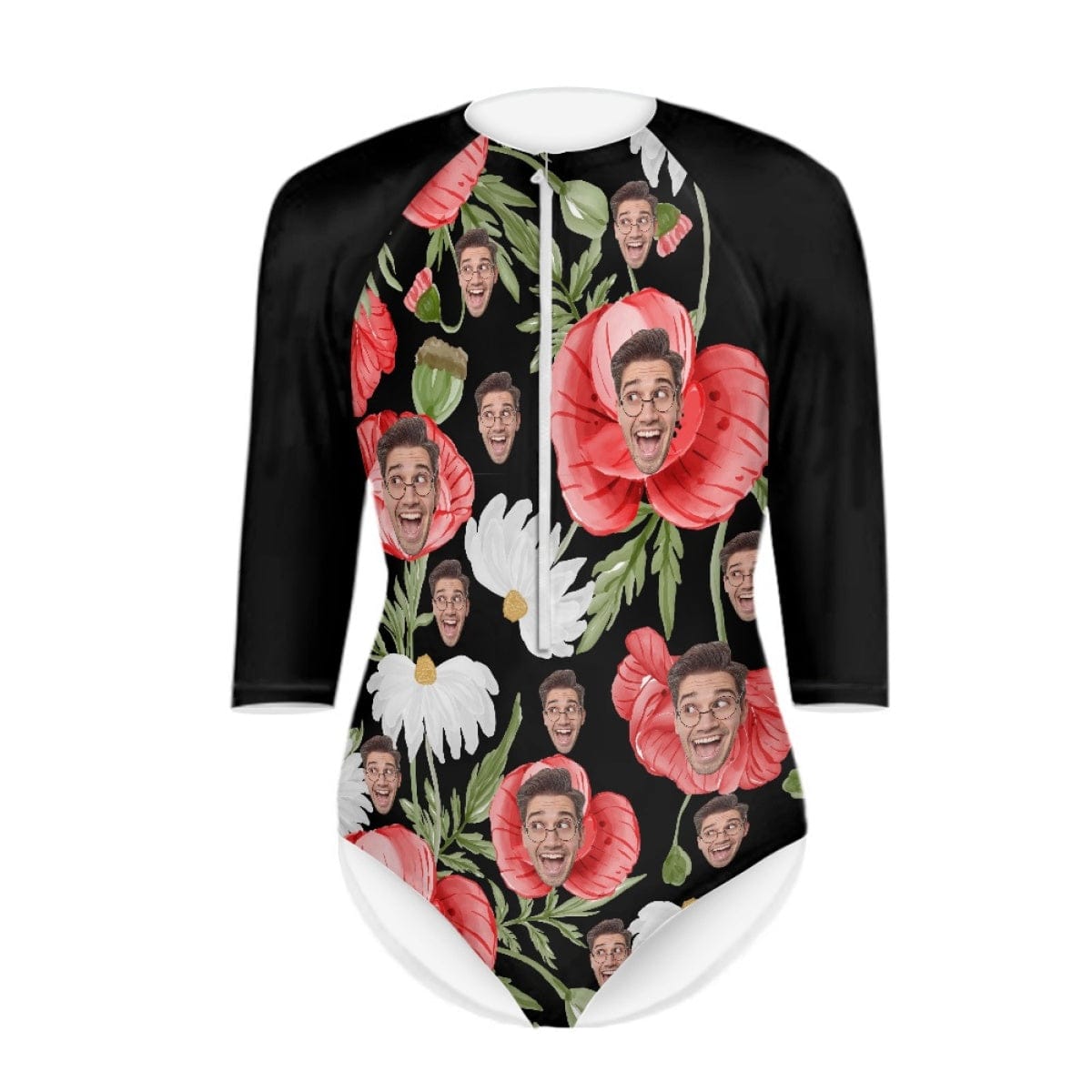 Custom Custom Face Half Sleeve One Piece Swimsuit Personalized Red Flower Face Black Half Sleeve Bikini - YesCustom