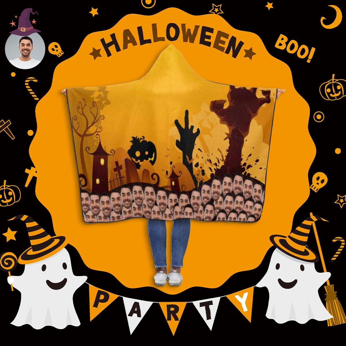 Custom Custom Face Halloween Tree Hand Hooded Blanket - YesCustom