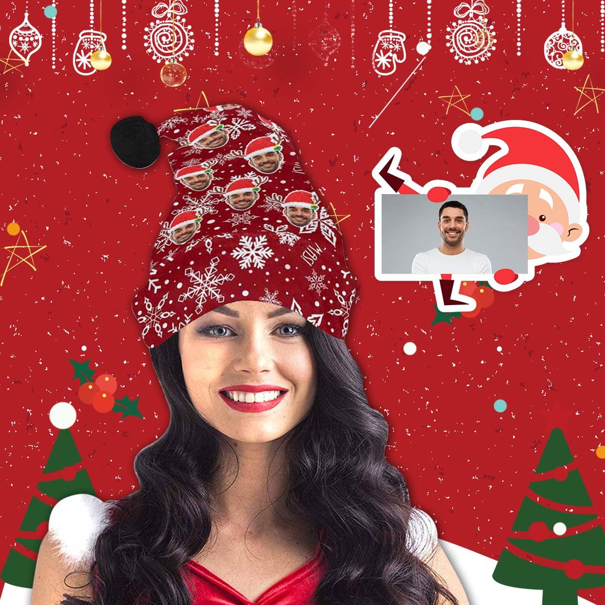 Custom Custom Face Happy Christmas Red Christmas Santa Hat - YesCustom