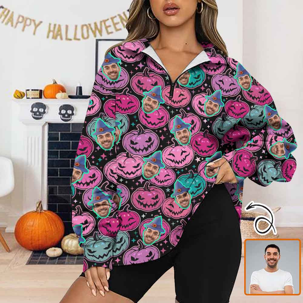 Custom Custom Face Happy Halloween Womens Oversized Sweatshirts Hoodies Half Zip Pullover Fall Fashion Outfits - YesCustom