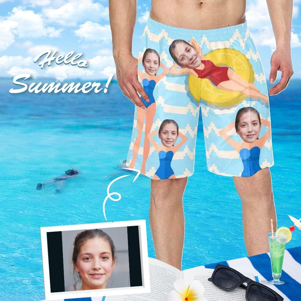 Custom Custom Face Happy Swimming Ring Personalized Photo Men's Elastic Beach Shorts - YesCustom