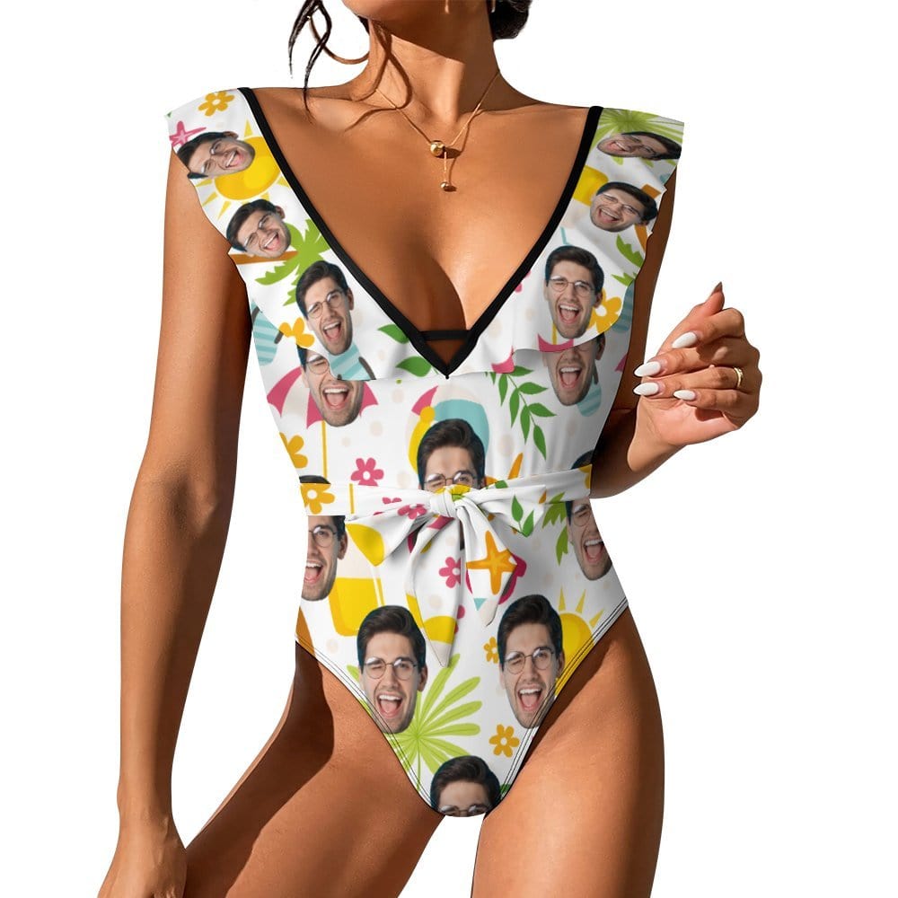 Custom Custom Face Happy Trip V Neck Ruffle One Piece Swimsuit Sexy Belt Custom Picture Bathing Suit Tie Back - YesCustom
