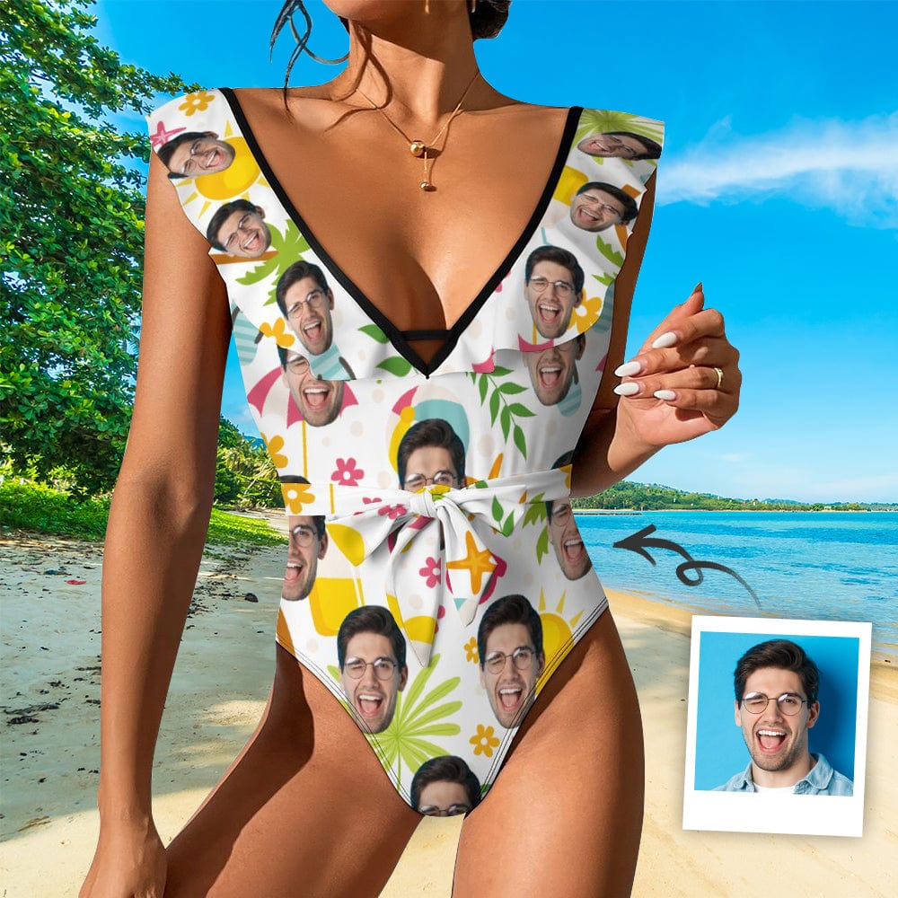 Custom Custom Face Happy Trip V Neck Ruffle One Piece Swimsuit Sexy Belt Custom Picture Bathing Suit Tie Back - YesCustom