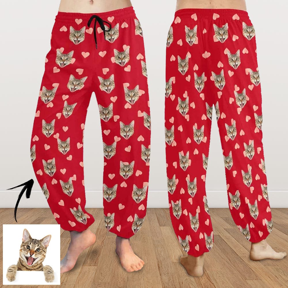 Custom Custom Face Harem Pants Cat Love Red Unisex All Over Print Red Personalized Yoga Pants - YesCustom