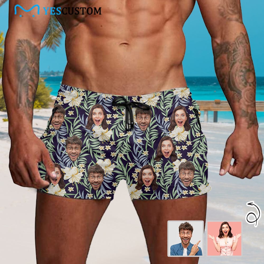 Custom Custom Face Hawaii Flowers Men's Quick Dry Shorts Personalized Swim Trunks with Side Zipper Pocket Surfing Square Leg Board Shorts - YesCustom