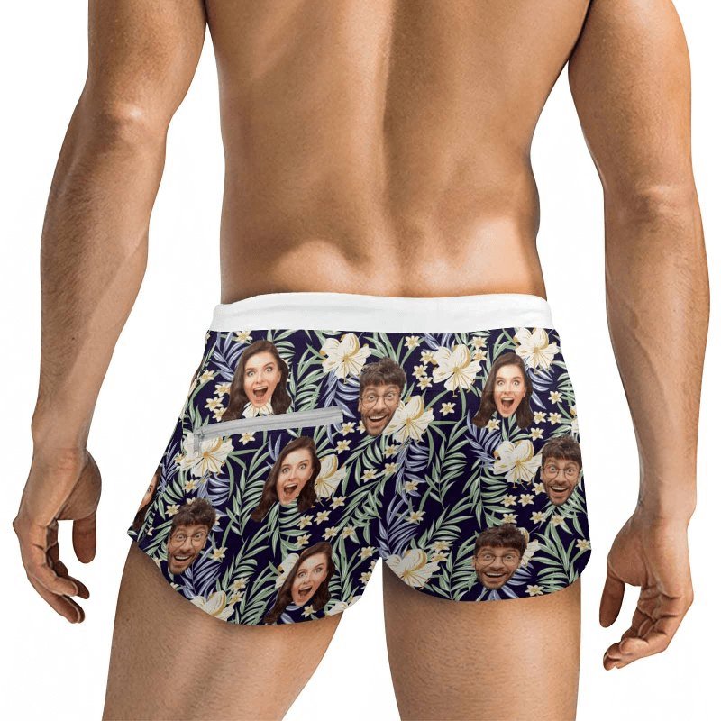 Custom Custom Face Hawaii Flowers Men's Swimwear Short Swim Trunks with Zipper Pocket Personalized Surfing Square Leg Board Shorts - YesCustom
