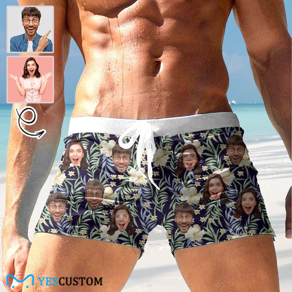 Custom Custom Face Hawaii Flowers Men's Swimwear Short Swim Trunks with Zipper Pocket Personalized Surfing Square Leg Board Shorts - YesCustom